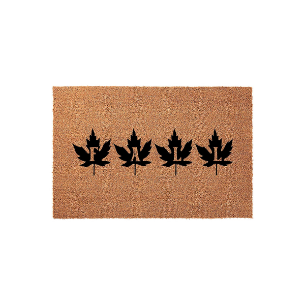 Fall Maple Leaf Coir Doormat featuring four black silhouette maple leaves printed in a row, with the letters F, A, L, and L centered inside each leaf to spell out the word fall on a natural brown textured coir fiber background.