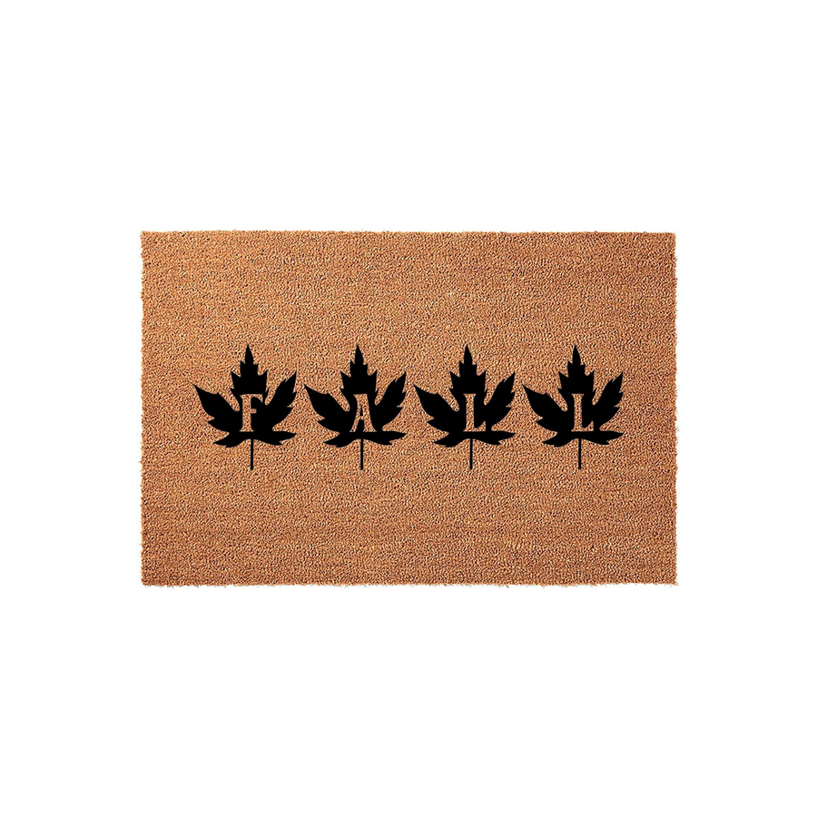 Fall Maple Leaf Coir Doormat featuring four black silhouette maple leaves printed in a row, with the letters F, A, L, and L centered inside each leaf to spell out the word fall on a natural brown textured coir fiber background.