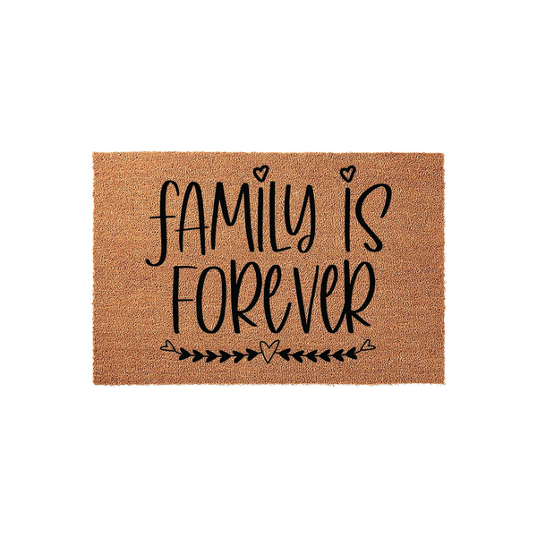 Family Is Forever coir doormat featuring a natural brown fiber texture with black script lettering and decorative heart accents, providing a warm and welcoming entrance for any home entryway or front porch decor setting.