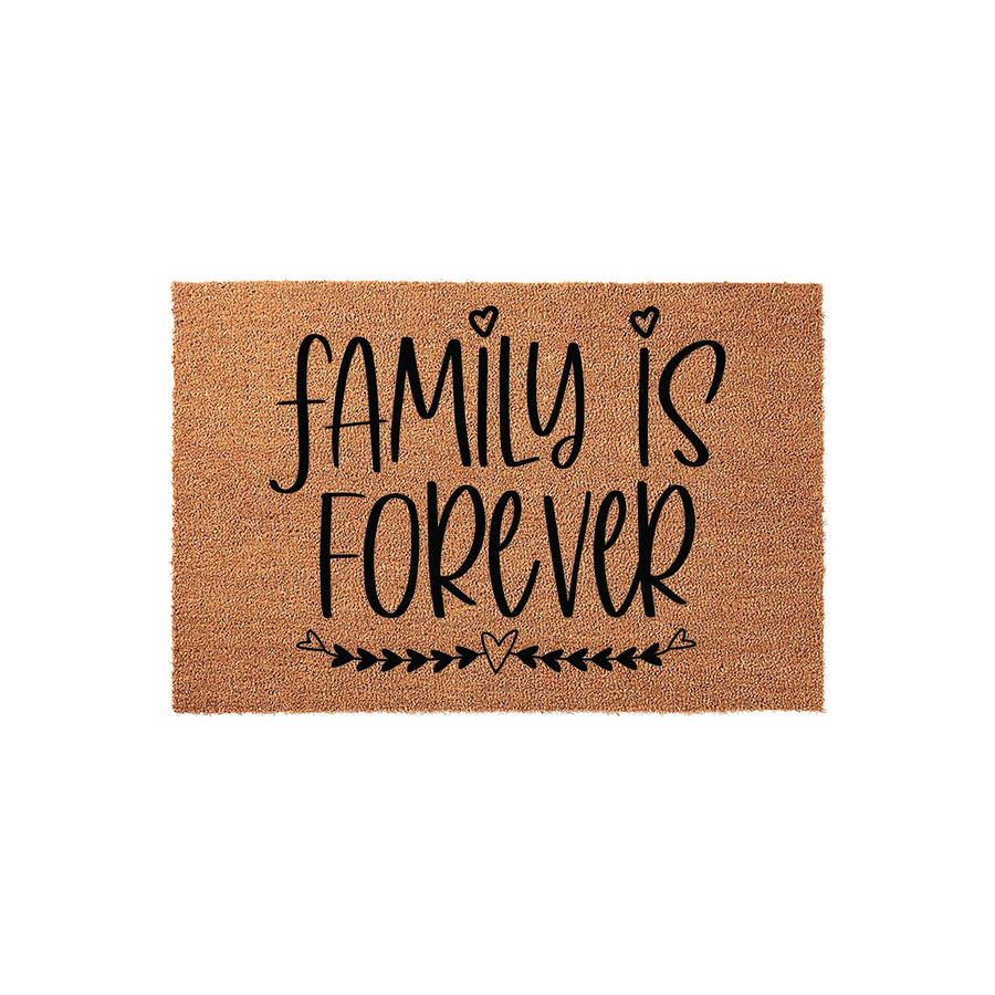 Family Is Forever coir doormat featuring a natural brown fiber texture with black script lettering and decorative heart accents, providing a warm and welcoming entrance for any home entryway or front porch decor setting.