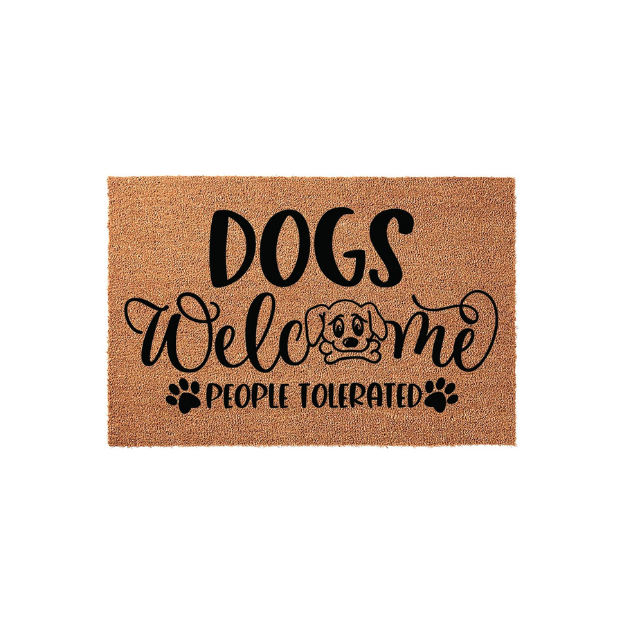 Dogs Welcome People Tolerated coir doormat featuring a cute puppy illustration and paw prints on a natural brown fiber background, making a humorous front porch decor piece for any dog lover who enjoys a funny entryway welcome