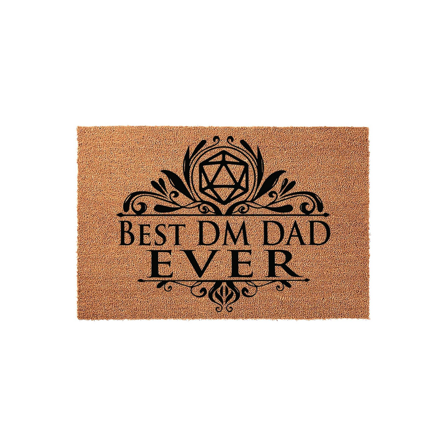 Best DM Dad Ever doormat featuring a natural coir texture and black printed text with a 20-sided gaming die icon, creating a fun entryway accent for a tabletop roleplaying game enthusiast who is a proud father and dungeon master.