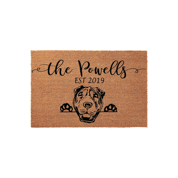 Personalized Shar Pei dog doormat featuring a natural coir texture with a black printed illustration of a Shar Pei dog peeking over the bottom edge, customized with a family name and established year in elegant black script