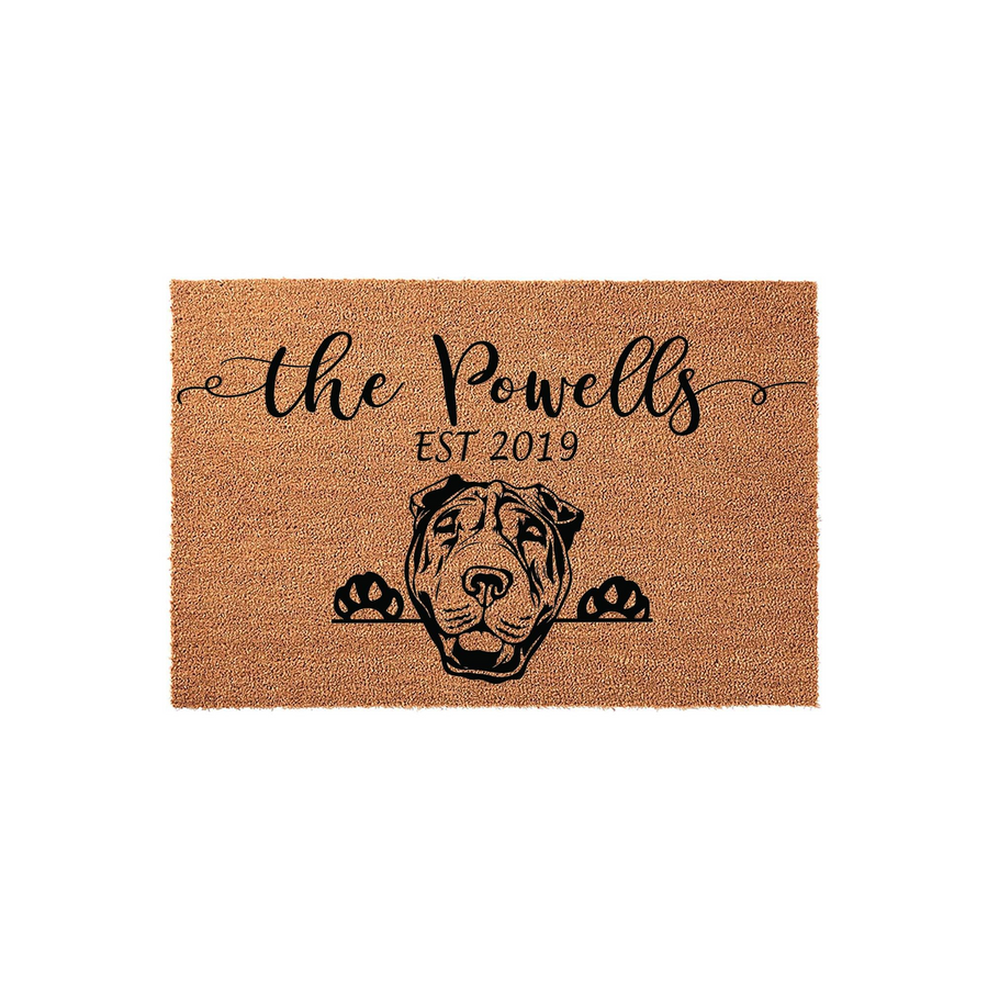 Personalized Shar Pei dog doormat featuring a natural coir texture with a black printed illustration of a Shar Pei dog peeking over the bottom edge, customized with a family name and established year in elegant black script