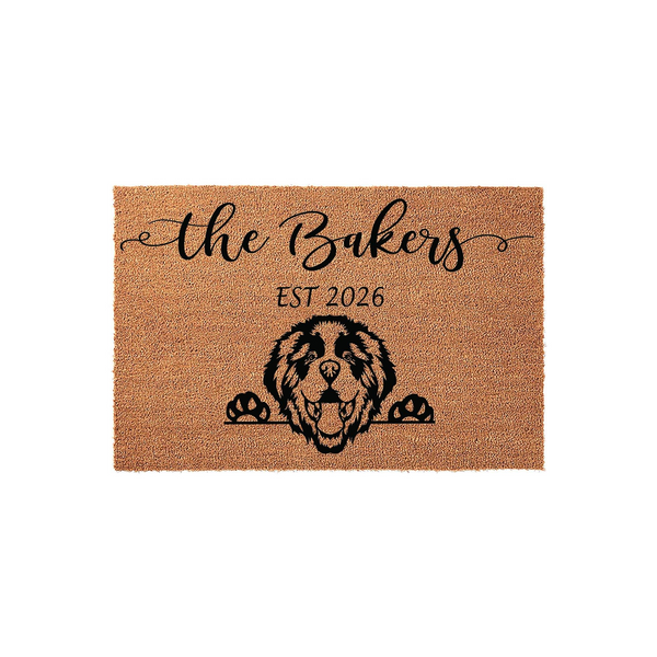 Personalized Bernese Mountain Dog doormat featuring a natural coir texture with a black printed illustration of a dog peeking over its paws, customized with a family name and established year on a clean white studio background.