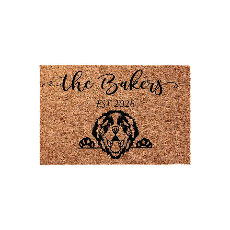 Personalized Bernese Mountain Dog doormat featuring a natural coir texture with a black printed illustration of a dog peeking over its paws, customized with a family name and established year on a clean white studio background.