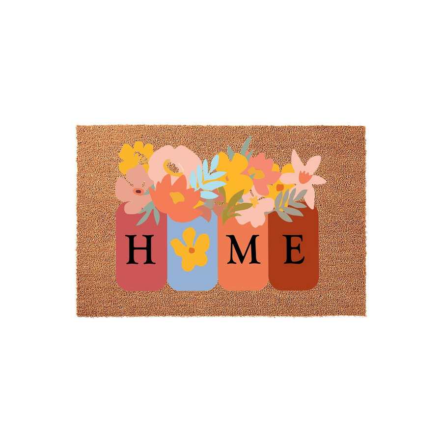 Floral Home Coir Doormat featuring four colorful mason jars painted with the letters H, O, M, and E, topped with a vibrant bouquet of spring flowers on a natural brown textured fiber background for a welcoming front porch