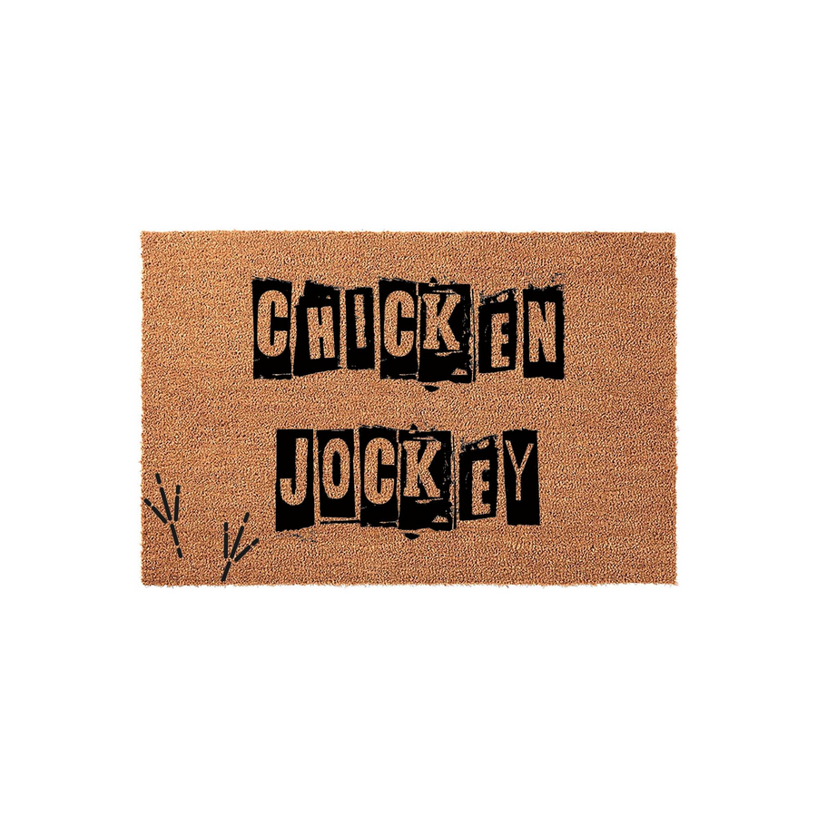 Chicken Jockey Coir Doormat featuring a natural brown fiber texture with black block-letter text that reads Chicken Jockey, accented by small chicken footprint graphics on the left side against a clean white studio background.