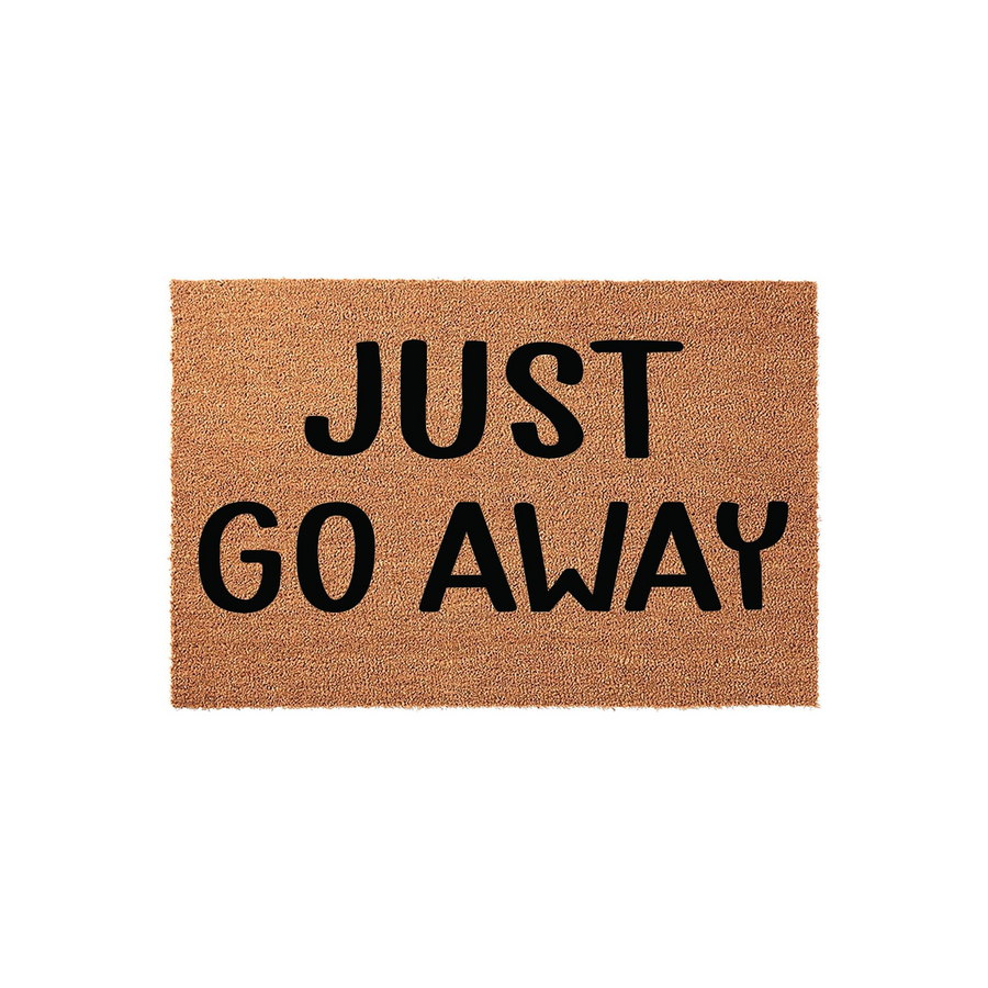 Just Go Away funny doormat made of natural coir fiber with bold black lettering, featuring a humorous message that serves as a quirky front porch decor piece for your home entrance on a clean white background.