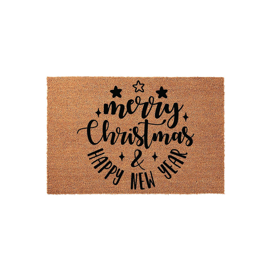Merry Christmas and Happy New Year coir doormat featuring black script lettering and star accents on a natural brown fiber background, creating a festive holiday entryway decoration for your front porch or home entrance.