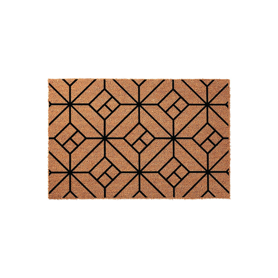Geometric Pattern Coir Doormat featuring a modern black grid design printed on a natural brown coconut fiber surface, providing a stylish and durable entryway floor covering for your home porch or front door area.