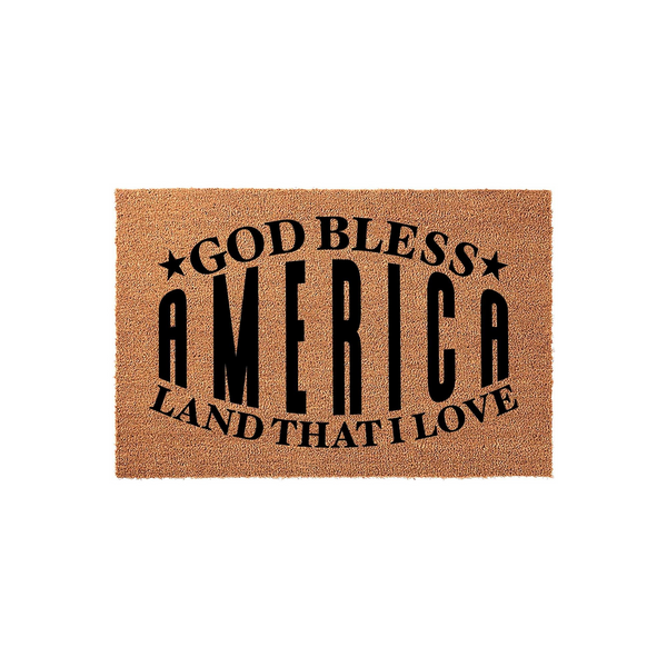 God Bless America patriotic coir doormat featuring bold black text on a natural brown fiber background, perfect for a front porch entryway to show off American pride with a classic, durable, and weather-resistant outdoor floor