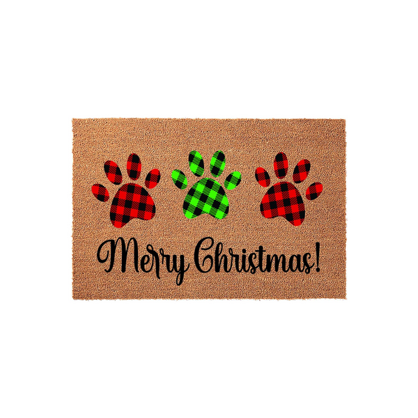 Merry Christmas paw print doormat featuring three animal paw prints in red and green buffalo plaid patterns on a natural coir background, with the festive greeting Merry Christmas written in elegant black script lettering below
