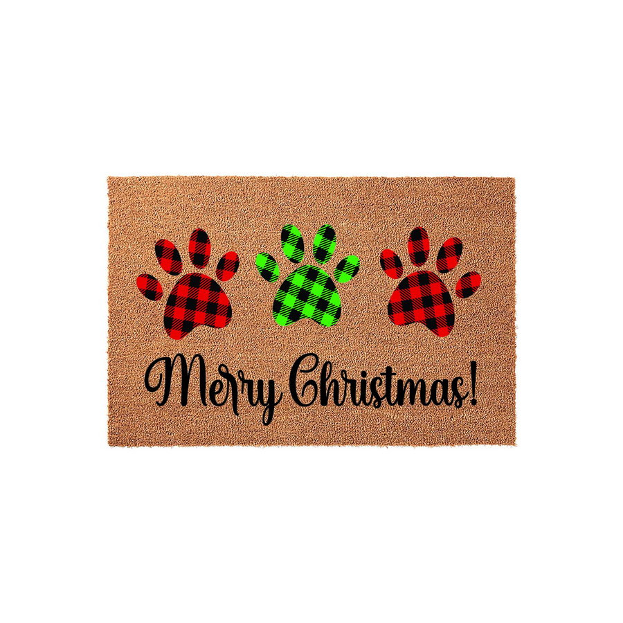 Merry Christmas paw print doormat featuring three animal paw prints in red and green buffalo plaid patterns on a natural coir background, with the festive greeting Merry Christmas written in elegant black script lettering below