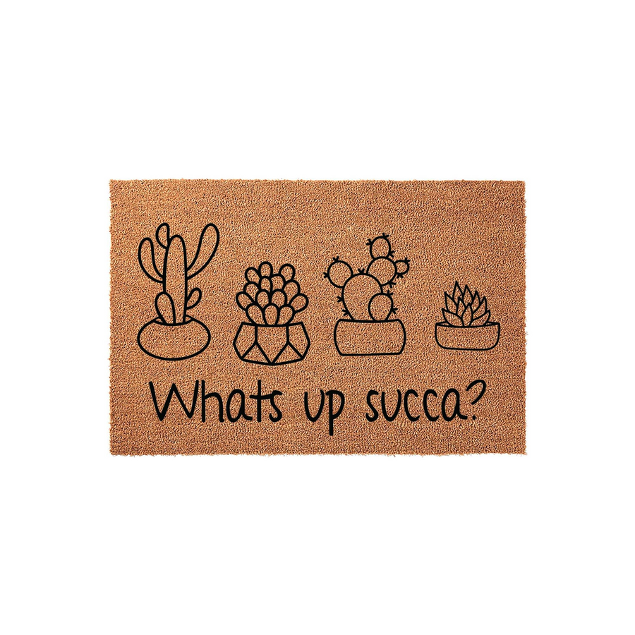 Whats up succa cactus doormat featuring a natural coir texture with four black line-art succulent illustrations in pots, creating a fun and welcoming entryway decor piece for any plant lover looking to add personality to their