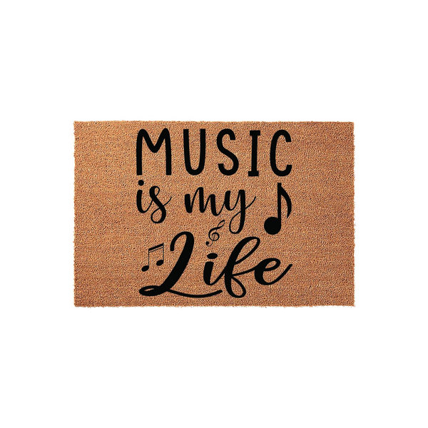 Music Is My Life Coir Doormat featuring a natural brown fiber texture with bold black text and musical note icons, creating a stylish entryway accent for any musician or music lover looking to decorate their home with a personal
