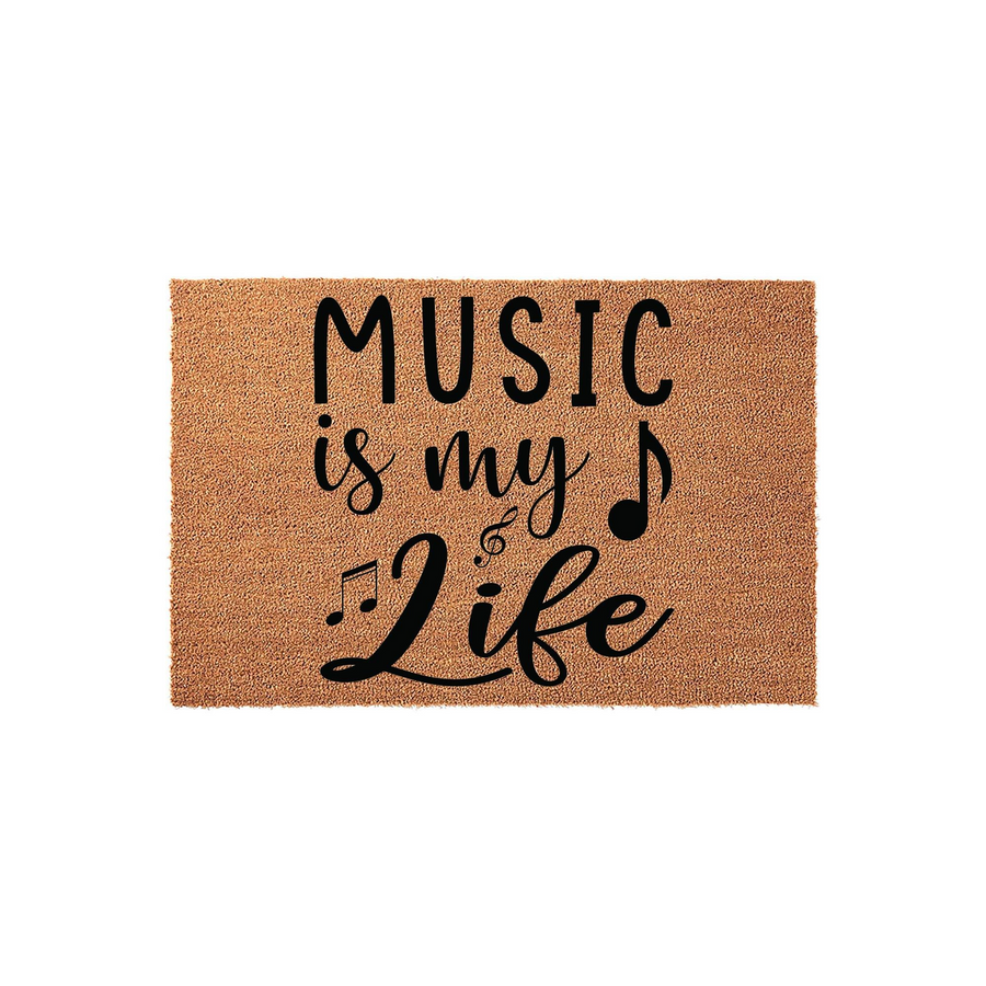 Music Is My Life Coir Doormat featuring a natural brown fiber texture with bold black text and musical note icons, creating a stylish entryway accent for any musician or music lover looking to decorate their home with a personal