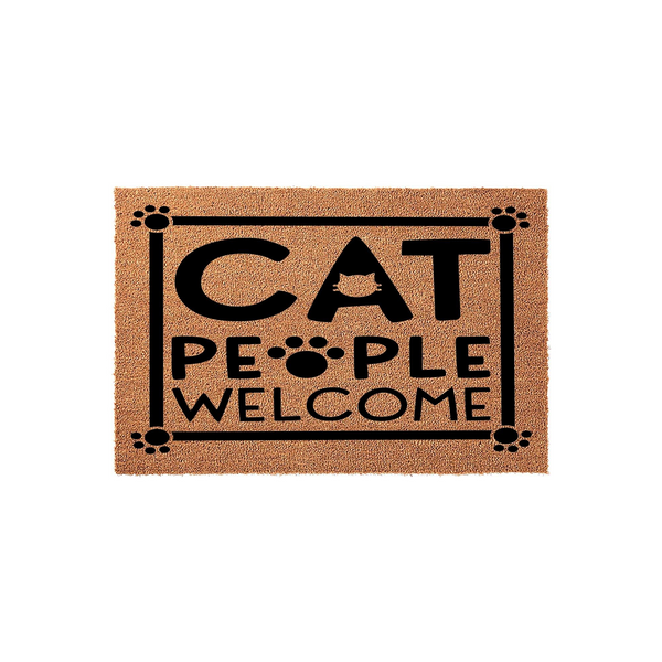 Cat People Welcome doormat made of natural coir fiber, featuring bold black text and a playful paw print design that replaces the letter O in the word people, set against a clean white background for a modern entryway aesthetic.