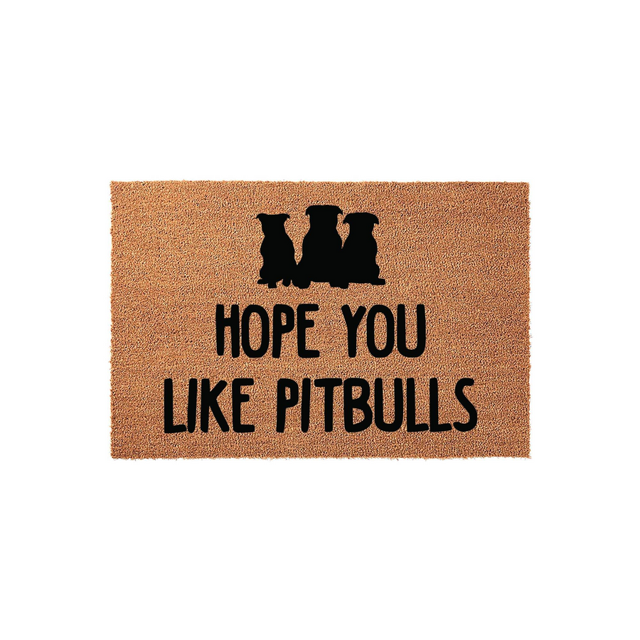 Pitbull Dog Welcome Doormat featuring three black dog silhouettes above the text Hope You Like Pitbulls, printed on a natural tan coir fiber mat that adds a fun and welcoming touch to any front porch or entryway for dog lovers.