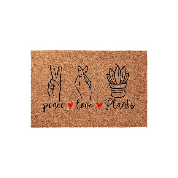 Peace Love Plants Coir Doormat featuring a natural brown fiber texture with black line art illustrations of a peace sign, a heart hand gesture, and a potted succulent, accented by two small red hearts between the printed text