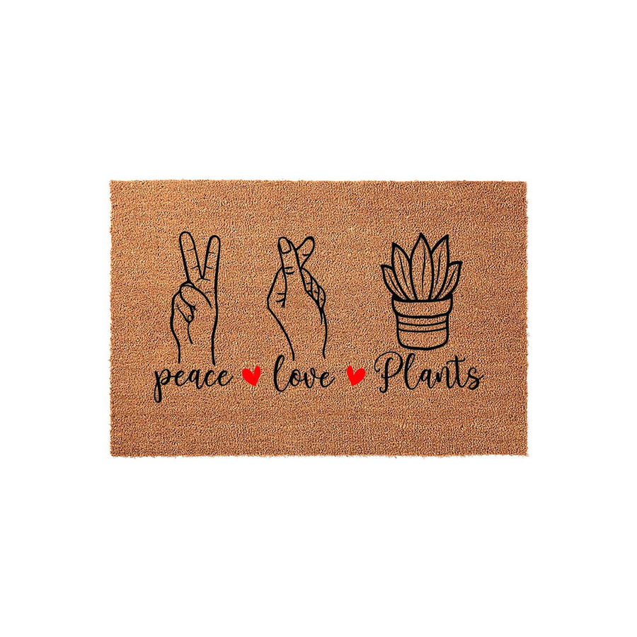 Peace Love Plants Coir Doormat featuring a natural brown fiber texture with black line art illustrations of a peace sign, a heart hand gesture, and a potted succulent, accented by two small red hearts between the printed text