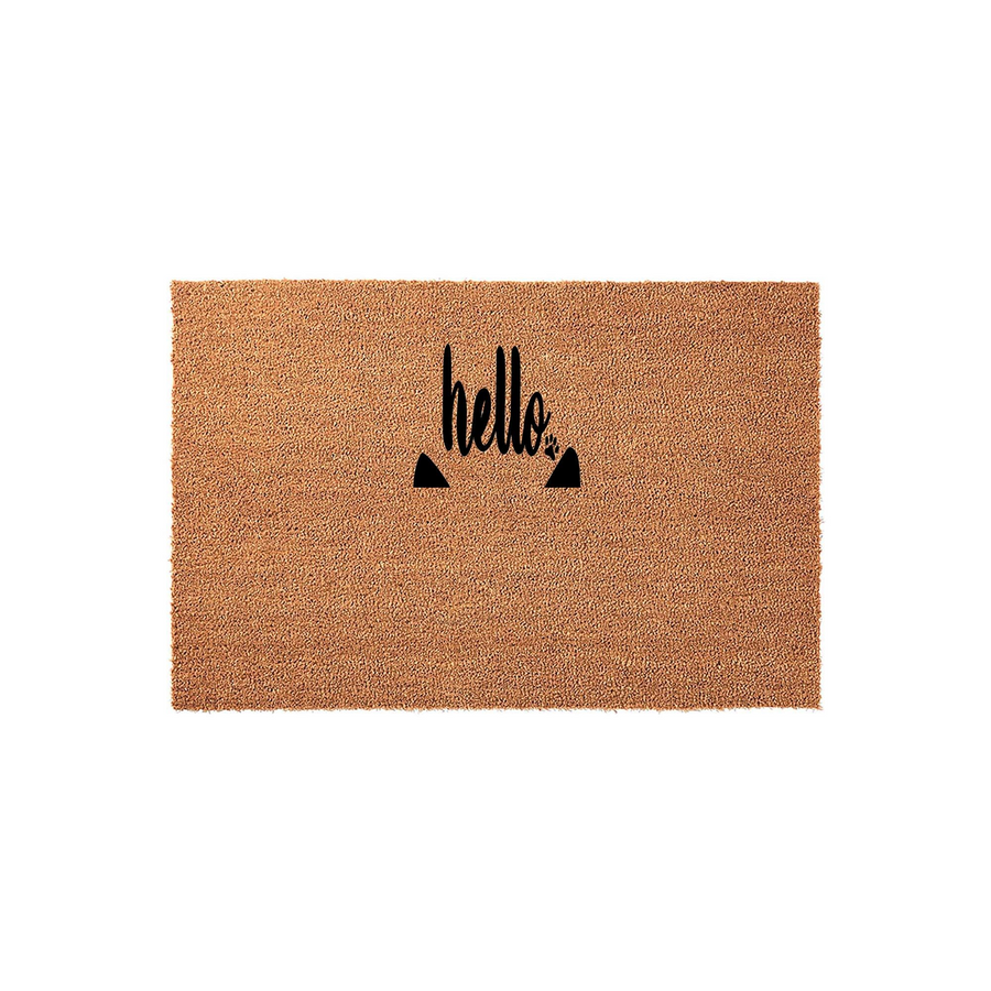 Cat Lover Hello Doormat featuring a natural coir fiber texture with a black printed design that says hello, accented by two small cat ears and a tiny paw print icon centered on the rectangular outdoor welcome mat for a pet