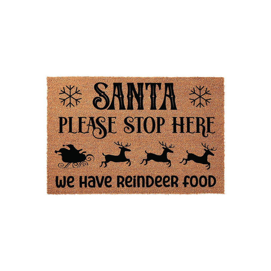 Santa Please Stop Here Christmas Doormat featuring a natural coir texture with black text and a silhouette of Santa in his sleigh pulled by three reindeer, creating a festive holiday entryway decoration for your front porch decor.
