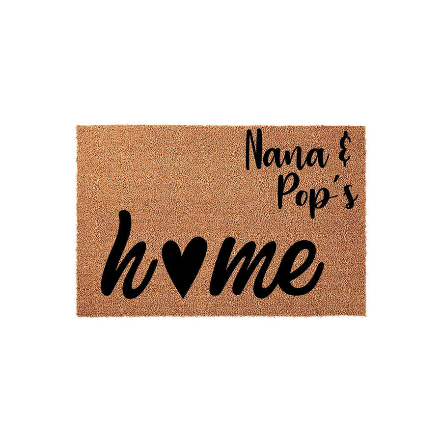 Nana and Pop's home personalized coir doormat featuring a natural tan fiber texture and bold black script lettering, with a heart icon replacing the letter o in the word home for a warm and welcoming entryway decor style.