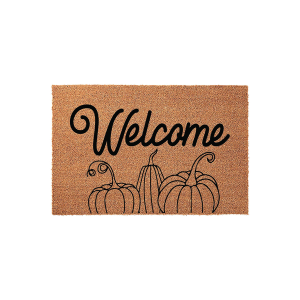 Fall Pumpkin Welcome Doormat featuring a natural coir texture with a black script font that says Welcome above a line art illustration of three pumpkins, creating a festive autumn entryway decor piece for your front porch or home