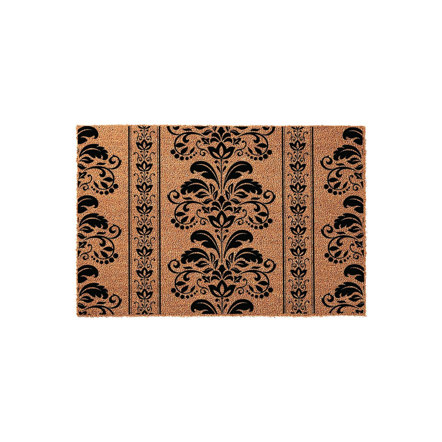 Damask Pattern Coir Doormat featuring a natural tan fiber texture with a bold black printed floral damask design, creating a sophisticated and elegant entryway accent for your home porch or front door decor on a clean white