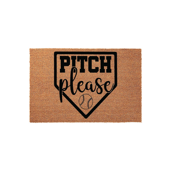 Pitch Please Baseball Doormat featuring a natural coir texture with a black home plate graphic, bold typography, and a baseball illustration, making it a fun outdoor entrance rug for any sports fan or baseball player home decor.