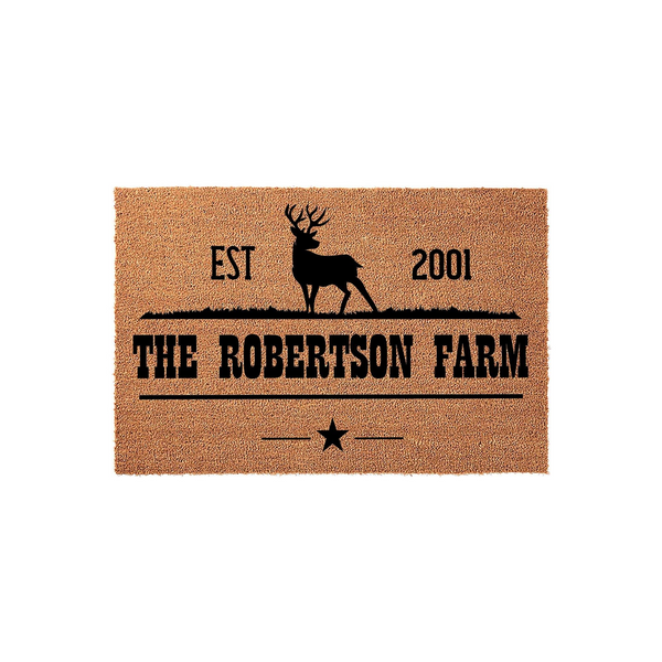 Personalized Deer Farm Doormat featuring a rustic brown coir texture with a black silhouette of a buck, the text EST 2001, and a custom family name printed in a bold, classic font above a decorative star and horizontal line