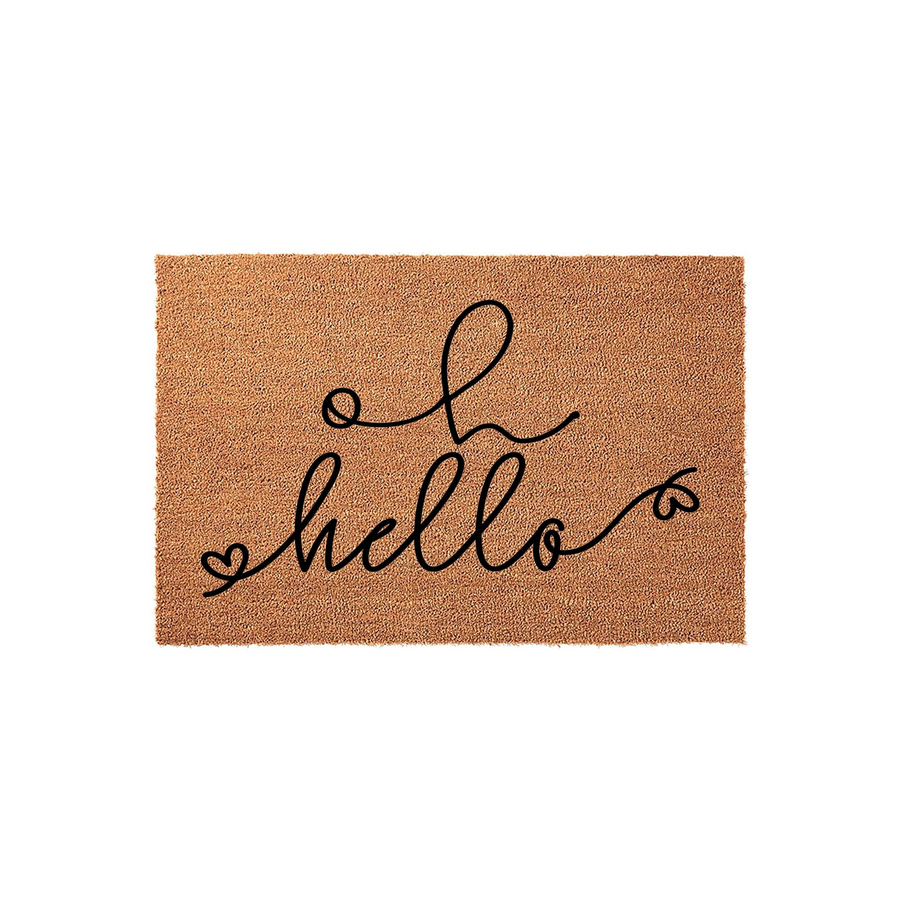 Oh Hello Coir Doormat featuring a natural brown fiber texture with the words oh hello written in a modern black cursive script, accented by small decorative hearts on a clean white background for a welcoming front porch entryway.