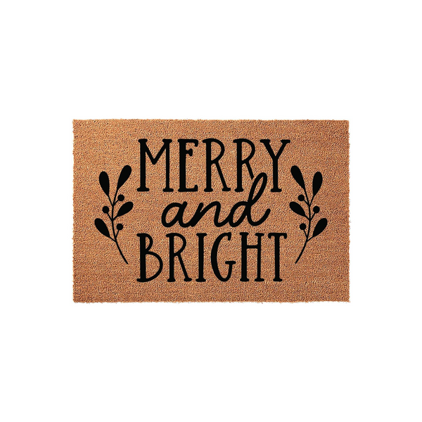 Merry and Bright Christmas coir doormat featuring black text and decorative sprigs on a natural brown fiber background, providing a festive and welcoming holiday entrance for your front porch or home entryway during the winter