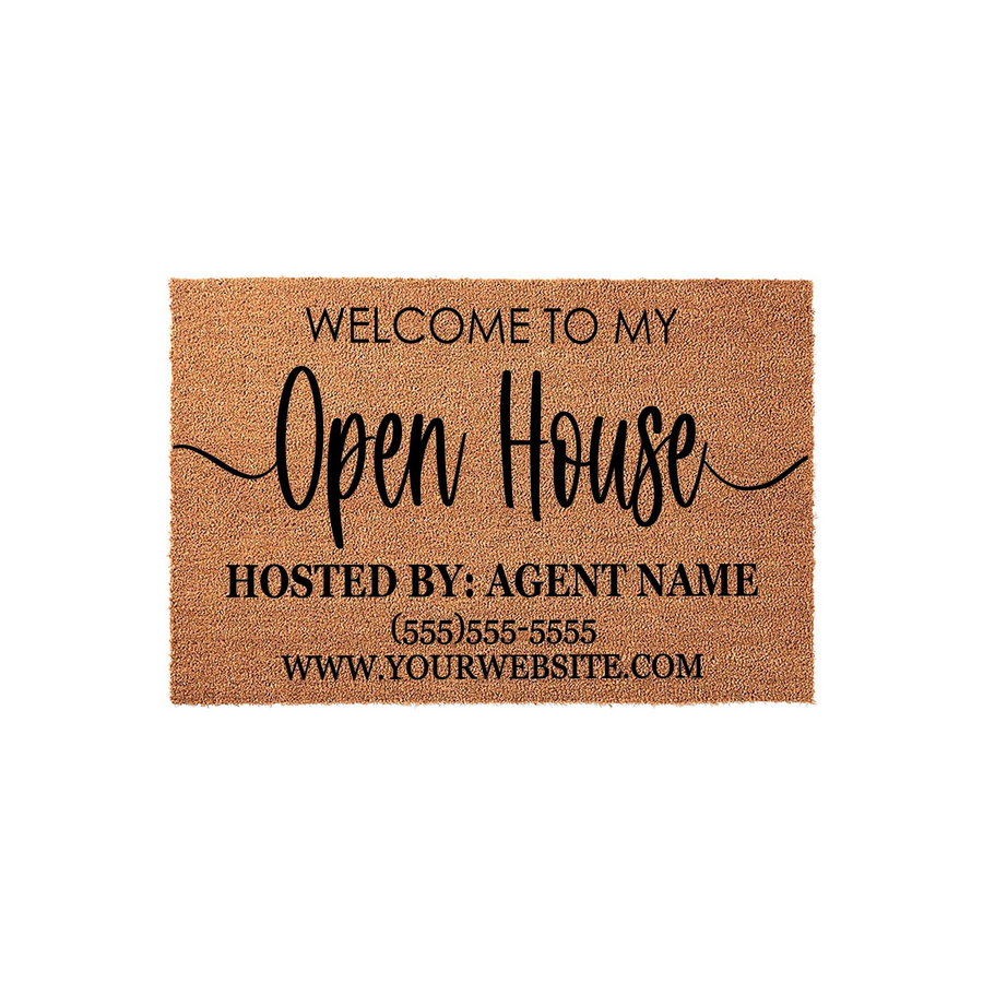 Personalized Real Estate Open House Doormat featuring a natural coir texture with black printed text that reads Welcome to My Open House, providing a professional way for agents to display their contact information at property