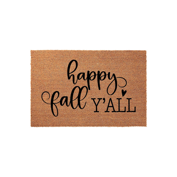 Happy Fall Y'all coir doormat featuring a natural brown fiber texture and bold black script lettering, creating a festive seasonal entryway decor piece that welcomes guests to your home during the autumn months with a charming