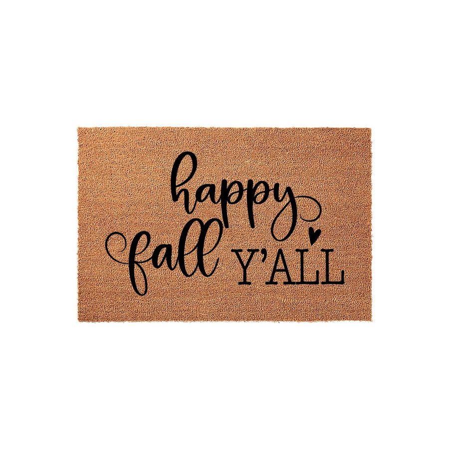 Happy Fall Y'all coir doormat featuring a natural brown fiber texture and bold black script lettering, creating a festive seasonal entryway decor piece that welcomes guests to your home during the autumn months with a charming