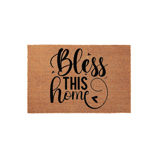Bless This Home coir doormat featuring a natural brown fiber texture and bold black script lettering, providing a welcoming farmhouse aesthetic for your front porch entrance on a clean white background.