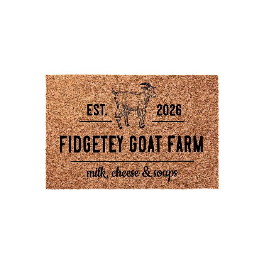 Personalized Goat Farm Coir Doormat featuring a black line-art illustration of a goat, the text EST 2026, and custom farm branding for milk, cheese, and soaps, all printed on a natural brown textured coir fiber welcome mat