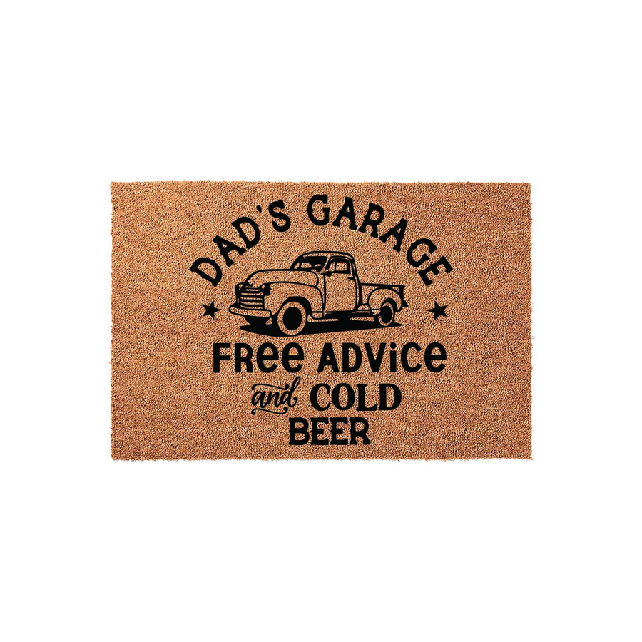 Dad's Garage coir doormat featuring a vintage truck illustration and the text Free Advice and Cold Beer, presented on a clean white background for a rustic and humorous home decor look that is ideal for any garage or man cave