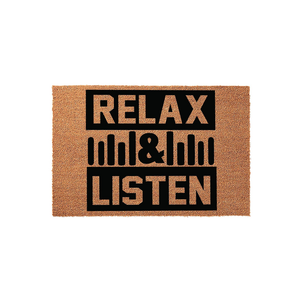 Relax and Listen music themed coir doormat featuring a natural tan fiber texture with bold black text and a sound wave graphic, creating a stylish entryway accent for any music lover's home on a clean white studio background.