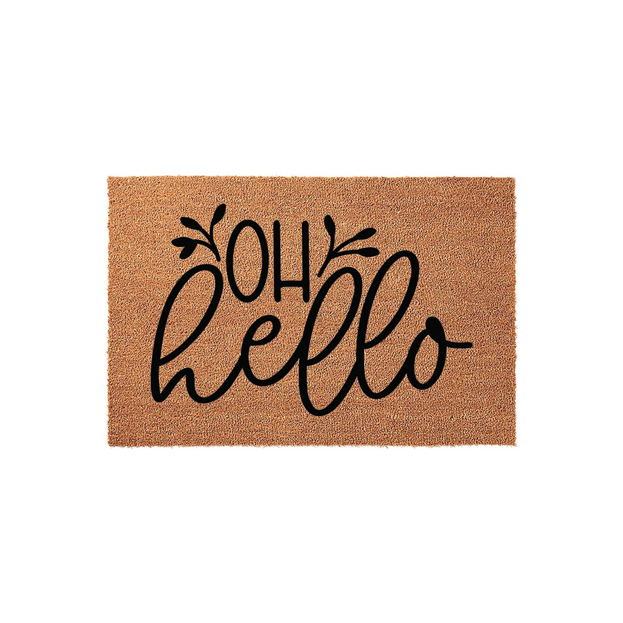 Oh Hello natural coir doormat featuring a rustic brown fiber texture and bold black script lettering, providing a welcoming touch to any front porch entryway with its simple, modern, and minimalist farmhouse home decor aesthetic.