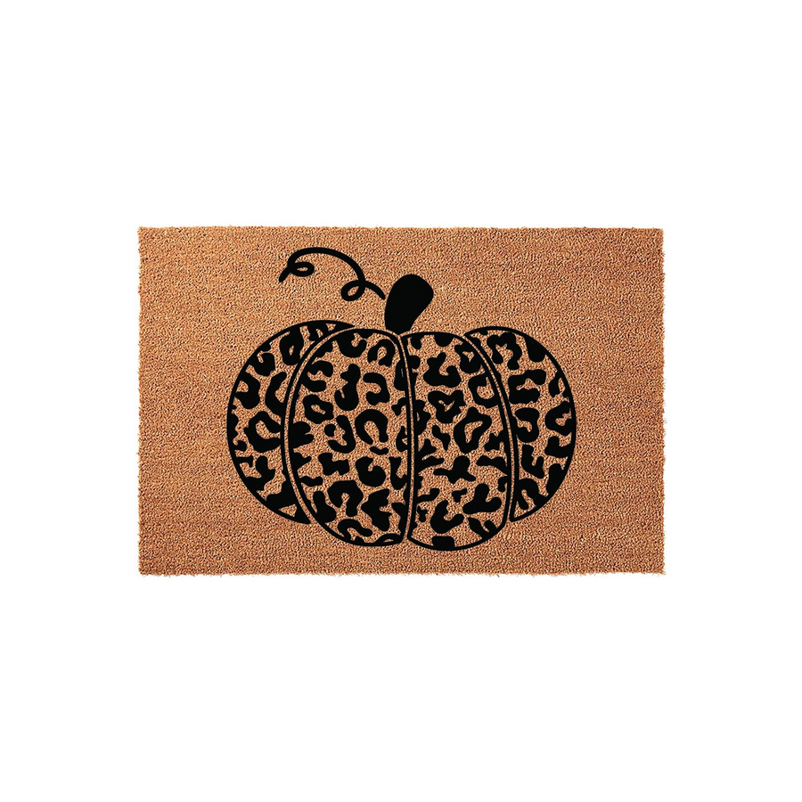 Leopard Print Pumpkin Coir Doormat featuring a large, black-outlined pumpkin graphic with a trendy animal print pattern on a natural brown fiber background, making it a stylish seasonal accent for your front porch entryway decor.