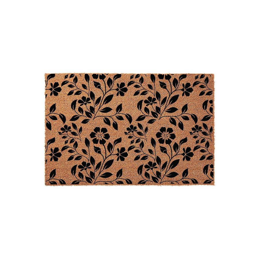 Floral Pattern Coir Doormat featuring a natural tan fiber texture with a bold black botanical print of blooming flowers and leafy vines, creating a classic and elegant entryway decor piece for your home front porch or door