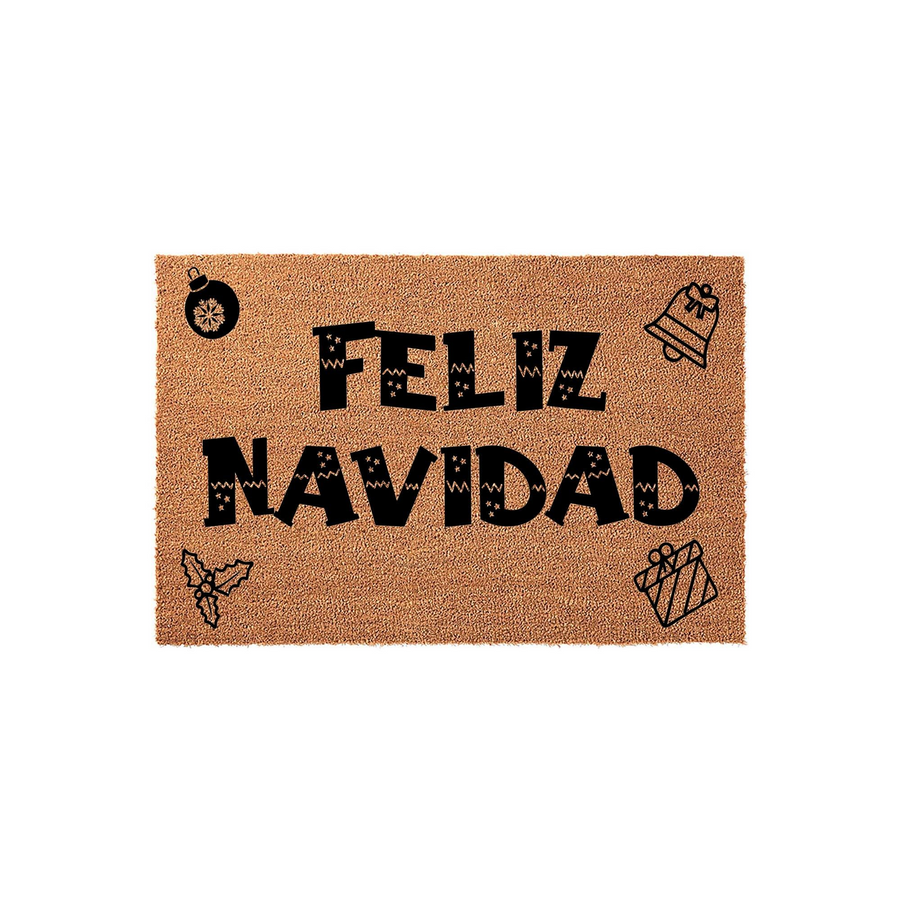 Feliz Navidad Christmas doormat made of natural coir fiber, featuring bold black text and festive holiday icons like a bell, ornament, gift, and holly leaves printed on a textured brown background for a seasonal entryway