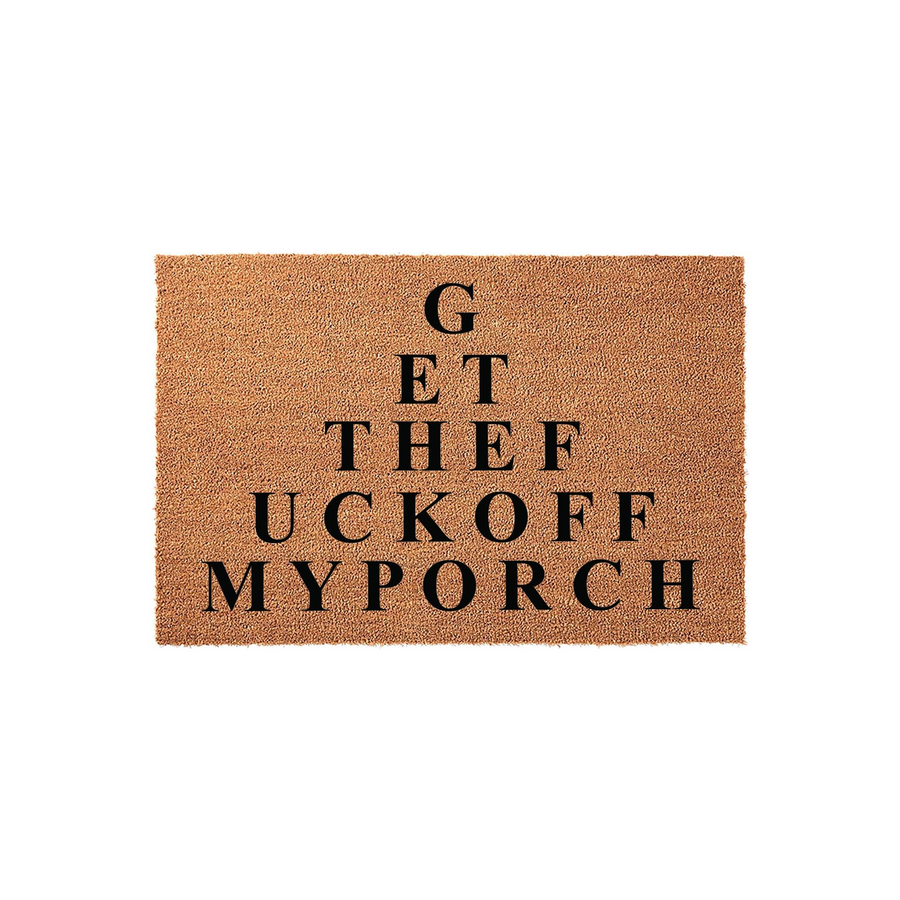Funny eye chart doormat made of natural coir fiber, featuring a humorous message printed in bold black letters that mimics an optometrist vision test, set against a clean white background for a modern and sarcastic home entryway