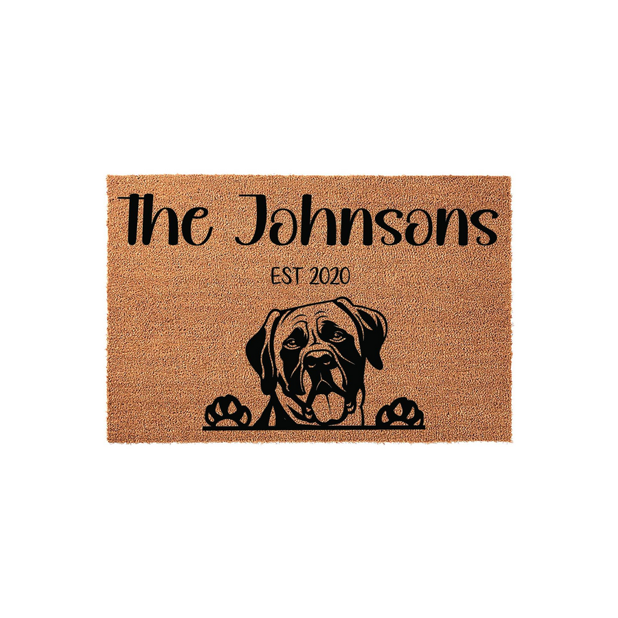 Personalized Mastiff dog doormat featuring a natural coir texture with a black graphic of a Mastiff peeking over the bottom edge, customized with a family name and established year printed in a clean, elegant black script font.
