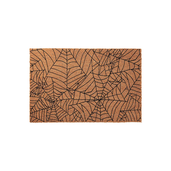 Spider Web Halloween Doormat featuring a natural coir fiber texture with a bold black printed pattern of overlapping spider webs, creating a festive and spooky entryway decor piece for the fall season on a plain white background.