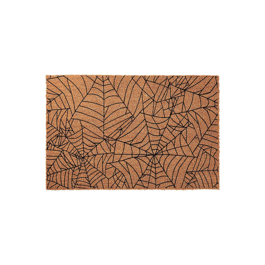 Spider Web Halloween Doormat featuring a natural coir fiber texture with a bold black printed pattern of overlapping spider webs, creating a festive and spooky entryway decor piece for the fall season on a plain white background.