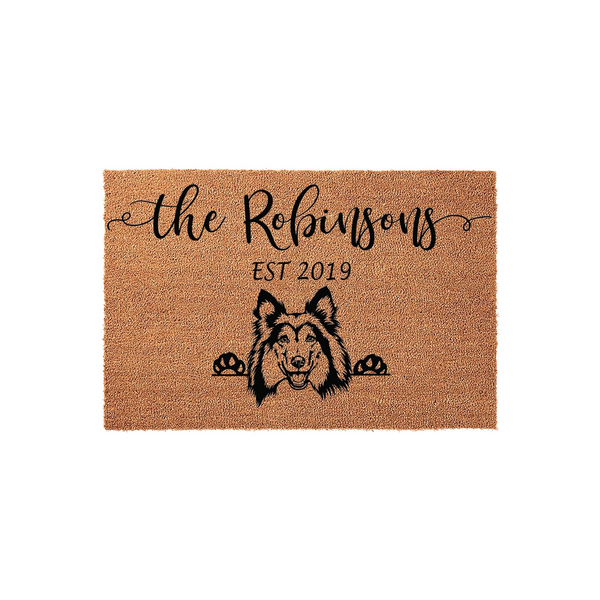 Personalized Collie Dog Doormat featuring a natural coir texture with a black printed illustration of a smiling Collie dog, custom family name, and established year, creating a welcoming entrance for any pet-loving home.